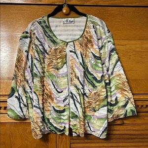 N Touch Multicolor Abstract Print Ruffled Cotton Spandex Open Front Blouse Cloak